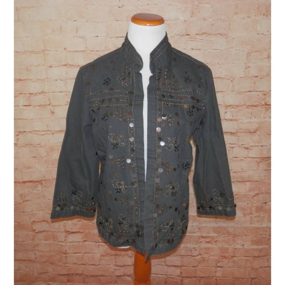 Coldwater Creek Medium Blue Denim Bead Sequin Pleat Lined Open Front Jacket 2156